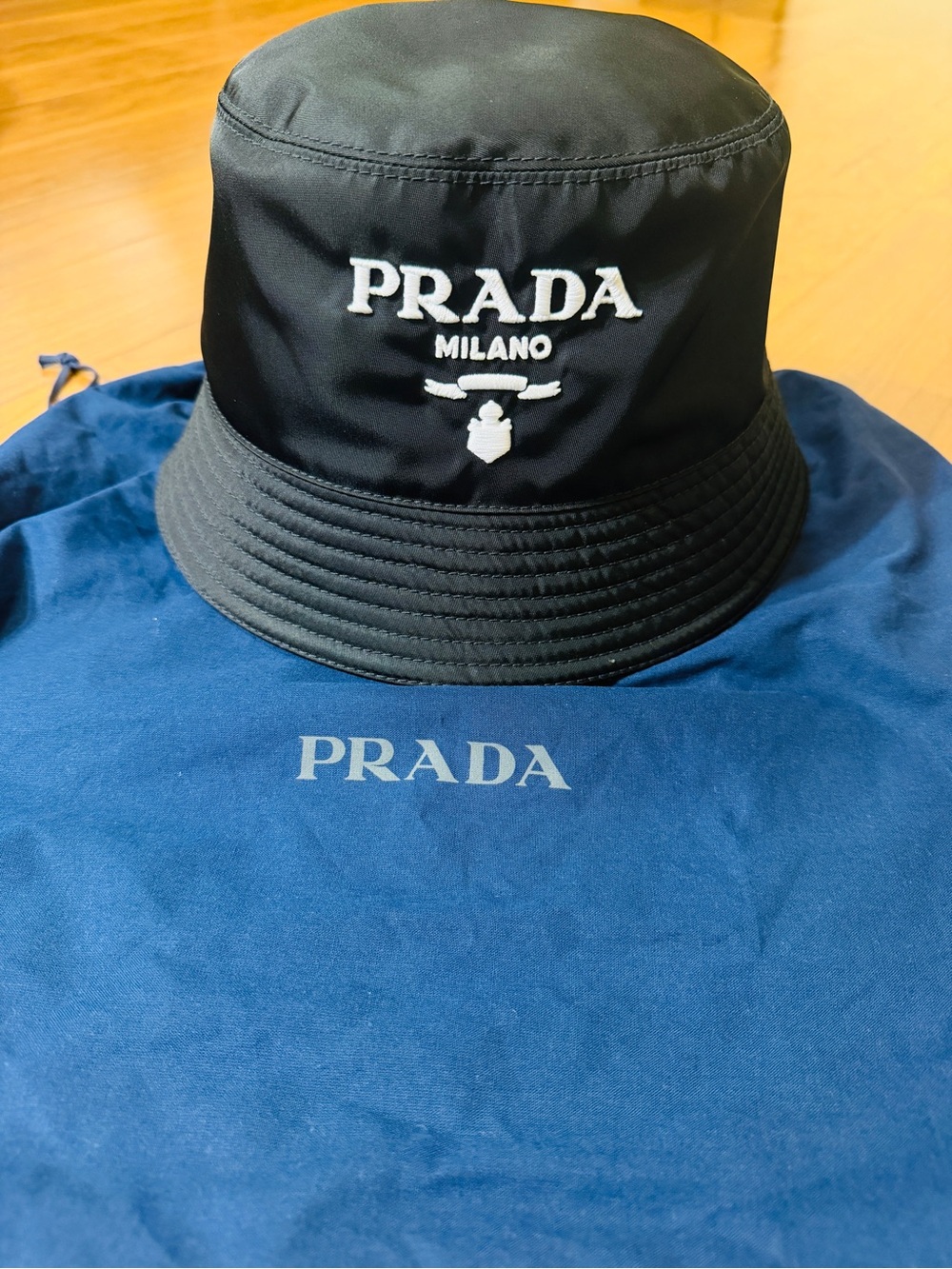 NWOT Prada Black Bucket Hat with White Logo